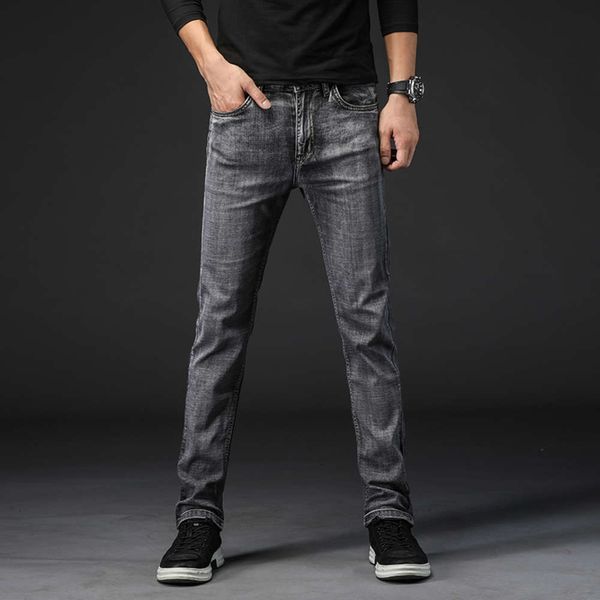 

spring and autumn smoke grey jeans slim straight casual stretch high end men's pants korean trendwinter, Blue