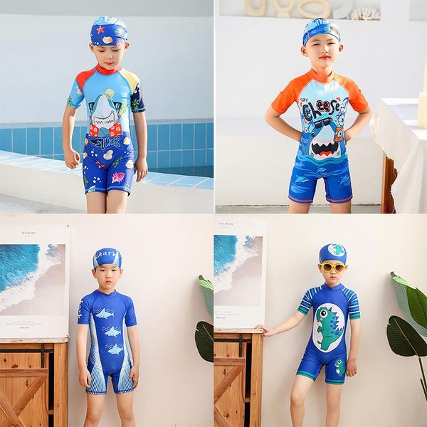

2021 new one-piece toddler boy swimwear with hat fish cartoon print children swimsuit bathing suits kids beach clothes, Black