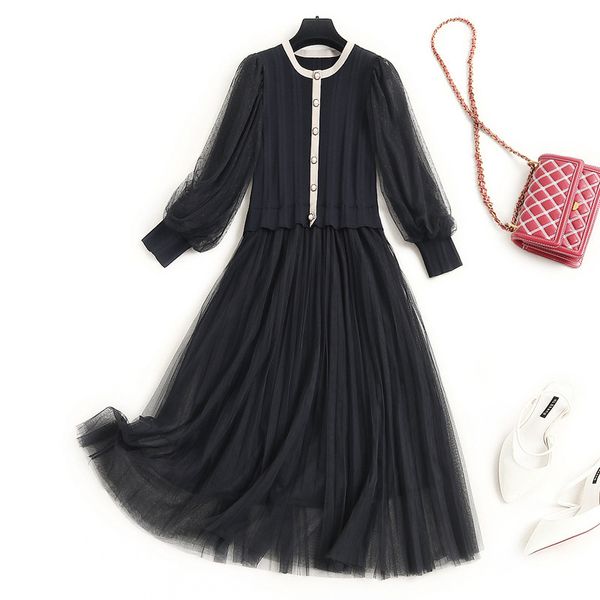 

boutique lantern sleeve small fragrant wind dress 2021 spring new product knitting splicing mesh long skirt, Black;gray