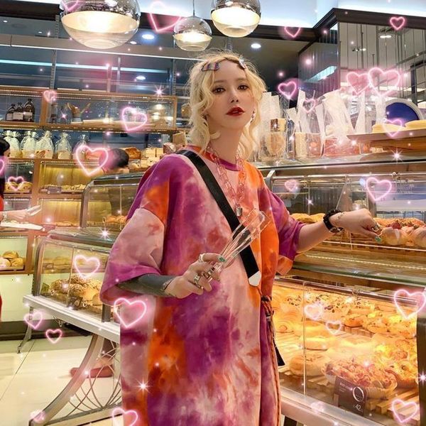 

2021 summer women new t-shirt korea style ins harajuku wind tie dyed loose casual wild student short-sleeved t-shirt, White