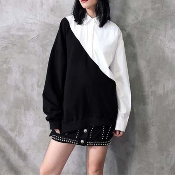 

women's blouses & shirts 2021 sell spring lapel black white hit color irregular loose big size long shirt women blouse tide fashion