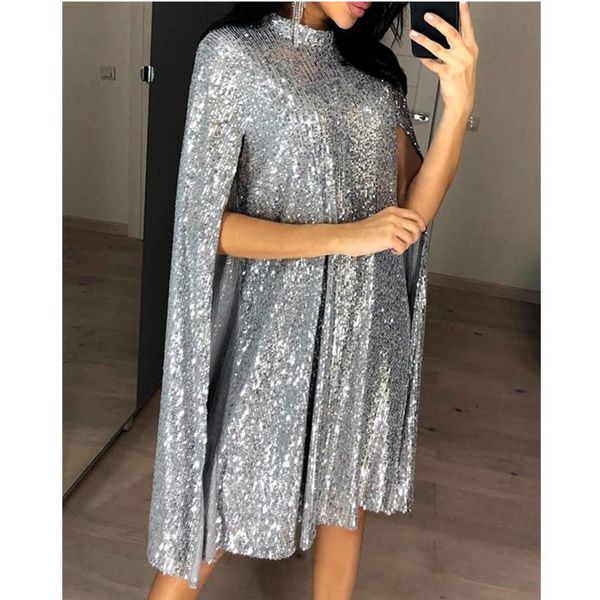 

casual dresses be hygge neck cape design sequins women split sleeve party sequin glitter mock female 2021 spring ladies clothes, Black;gray