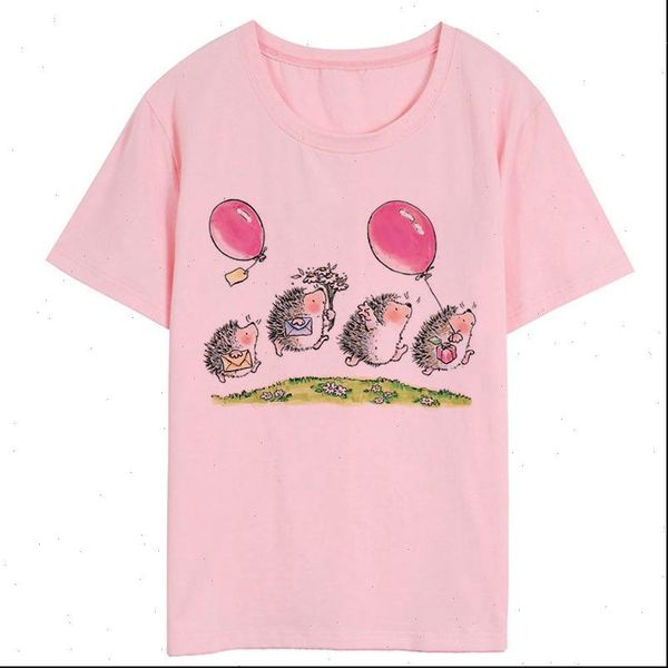 

cartoon hedgehog print new casual pink t shirt women summer vogue short sleeve neck t shirt harajuku style tshirt, White