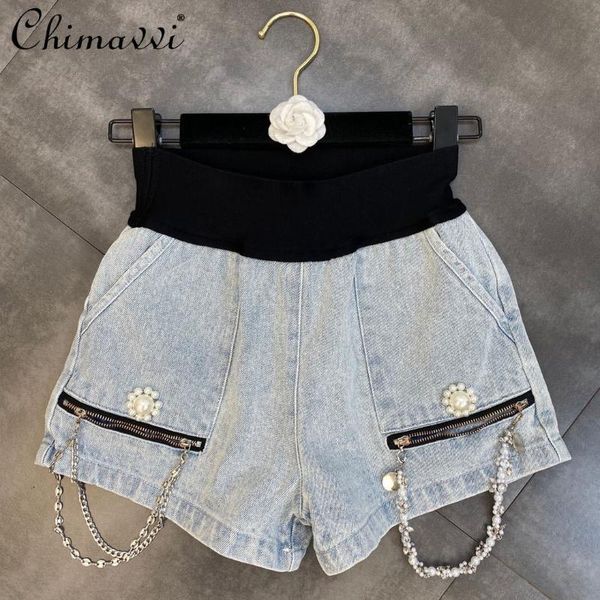 

women's jeans wide-brimmed elastic waist zip chain denim shorts 2021 fashion pocket beaded flower jean elegant pants for women, Blue