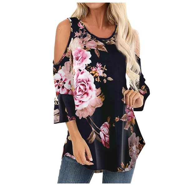 

fashion floral print blouse casual off shoulder summer lady loose tunic female women 3 4 sleeve shirt three quarter blusas, White