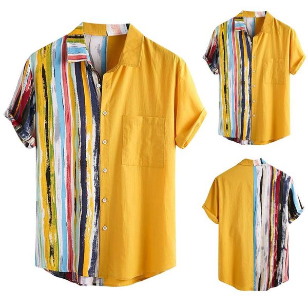 

fashion casual hawaiian beach shirts men camisa masculina 2021 striped patchwork men shirt personality short sleeve loose button, White;black