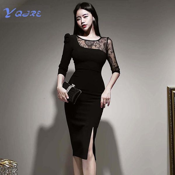 

casual dresses yqjre autumn and winter women's lace slanted shoulder round neck tight fit slim workwear office ol dress, Black;gray