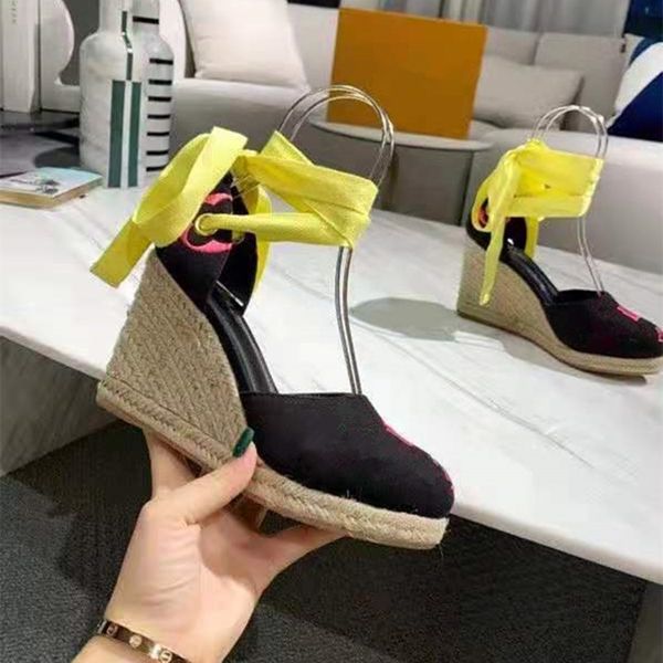 

designer womens high-heeled sandals hemp rope woven slope heel thick bottom platform comfortable high-heeled sandals gladiator womens shoes, Black