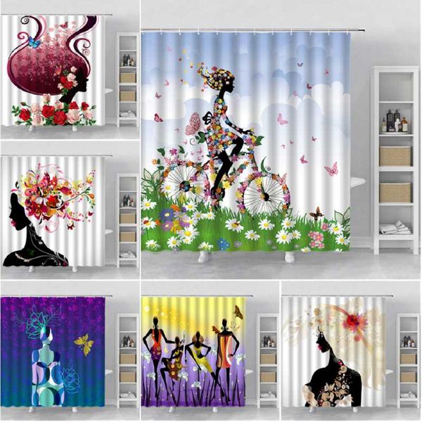 

shower curtains butterfly flowers girl bicycle print curtain spring watercolor grassland landscape bathroom bath decor polyester