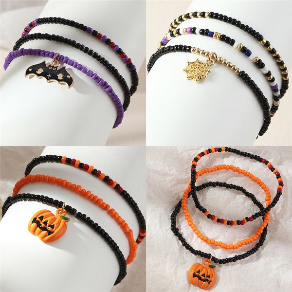 3 teile/satz Perlen Stränge Charme Armbänder Schmuck Legierung Emaille Kürbis Fledermaus Spinnennetz Gold Armband Bangeles Für Frauen Halloween Party geschenk