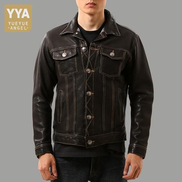 

men's leather & faux classic american cowboy genuine jacket mens vintage slim fit single breasted motorcycle short jackets street pilot, Black