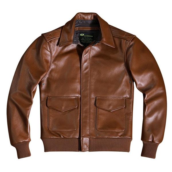 

men's leather & faux genuine first layer cowhide american a2 pilot air uniform jacket loose biker coat large size 4xl, Black