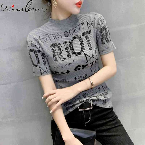

women's t-shirt summer korean style letter t shirts women fashion graffiti turtleneck short sleeve knit shirt mujer camisetas, White