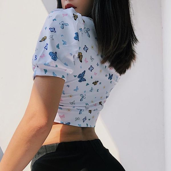 

women's t-shirt kywommnz square neck women spring 2021 slim and thin t shirt folds high waist cropped short e1813, White