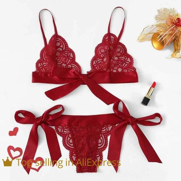 

bras women bra underpant scalloped trim tie side lace set lingerie bow women's woman 2 pieces lenceria sensual mujer, Red;black