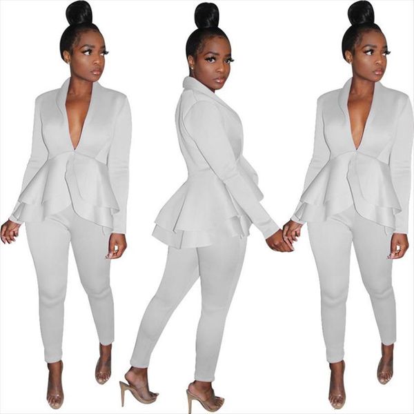 

solid color office costume womens pants suits long sleeves v neck slim 2pcs clothing sets female work, White