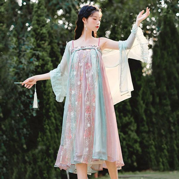 

2021 new chinese tang suit hanfu chiffon kimono cardigan embroidery women girls short retro fairy vintage ruffle summer set jsnc, White;black
