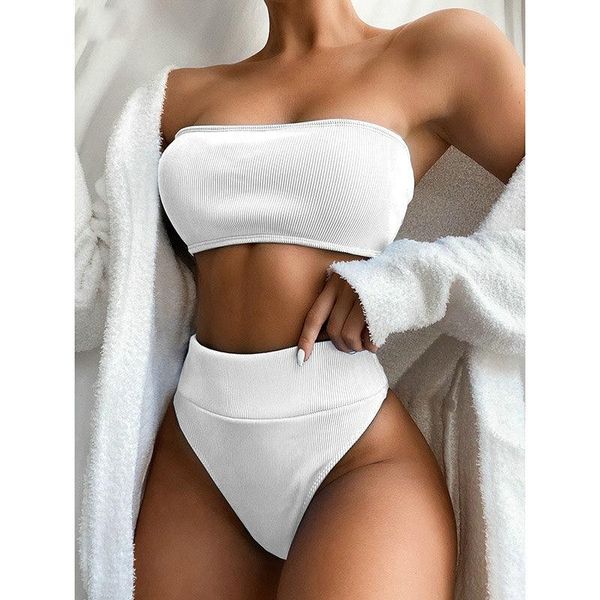 

women's swimwear high waist bikinis bandeau swimsuits women black strapless biquini cut bathing suit 2021 beachwear, White;black