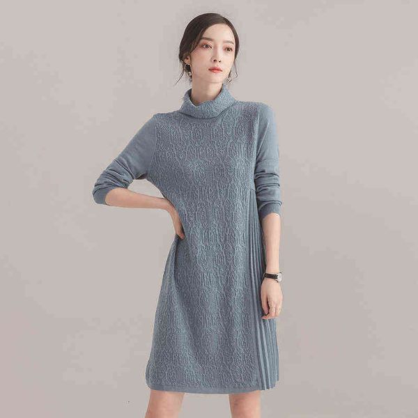 

casual dresses 2022 early autumn long loose outer wear fashion high neck knitted bottomed shirt women's over knee fit sweater skirt, Black;gray