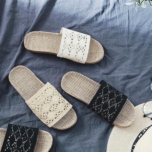 

slippers lace summer shoes women flat anti 2021 female casual hallow for home sole breathable, Black