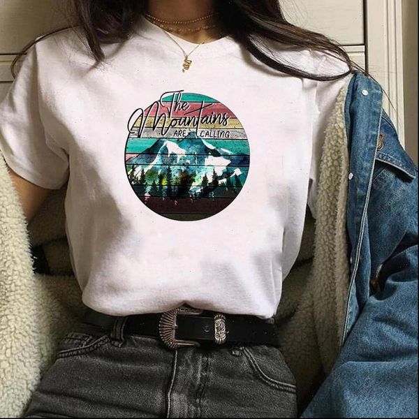 

women lady t shirt mountains are calling printed tshirt ladies short sleeve tee shirt women female clothes graphic t shirt, White