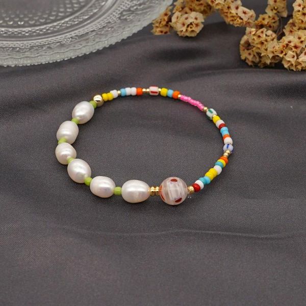 

beaded, strands all-match natural freshwater pearl bracelet multi glass beads charms coloured glaze stretch bracelets fashion women jewelry, Black
