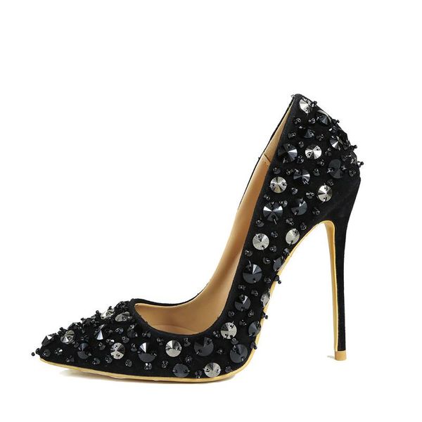 

dress shoes luxury design black suede rivets women pointed toe pumps 12 cm stiletto high heels spikes party wedding