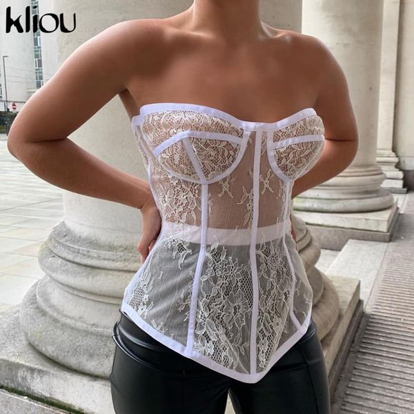 

kliou lace see through strapless patchwork camisole corsets women zipper a-line club party clothes shirt match outfits 210316, Black;white