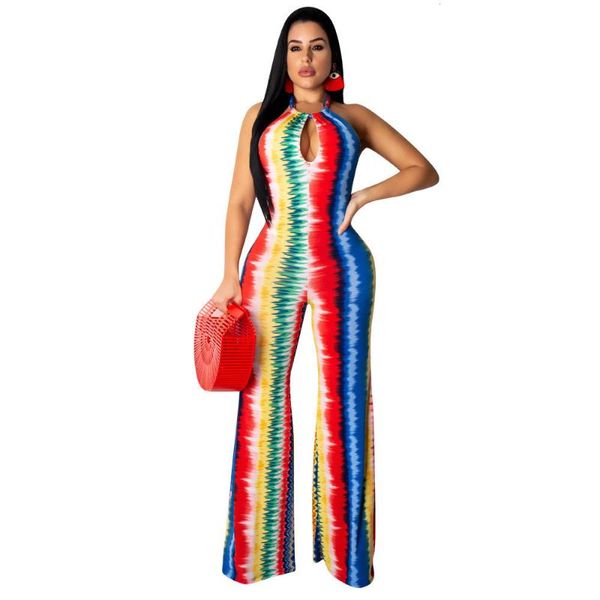 

women's jumpsuits & rompers summer women rainbow striped printed halter jumpsuit backless lace up hollow out long pants straight romper, Black;white