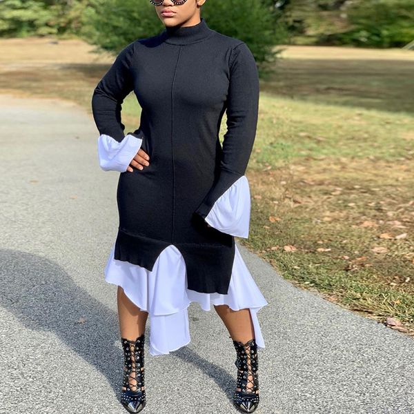 

2021 new women autumn irregural midi black white patchwork long sleeve slim a-line es turtleneck party vestidos trmy, Black;gray
