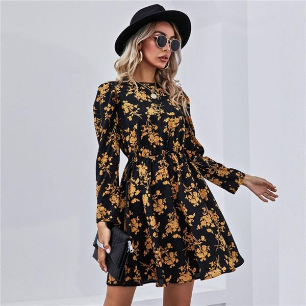 

casual dresses for women's autumn fashion o neck printed loose elastic waist long sleeve woman dress 2021 ladies vacation skirt, Black;gray