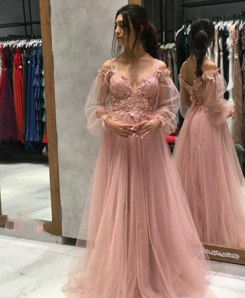 

party dresses long sleeve lace v-neck evening tulle zipper back a-line floor length pink abendkleid robes de soirÃ©e for women, White;black