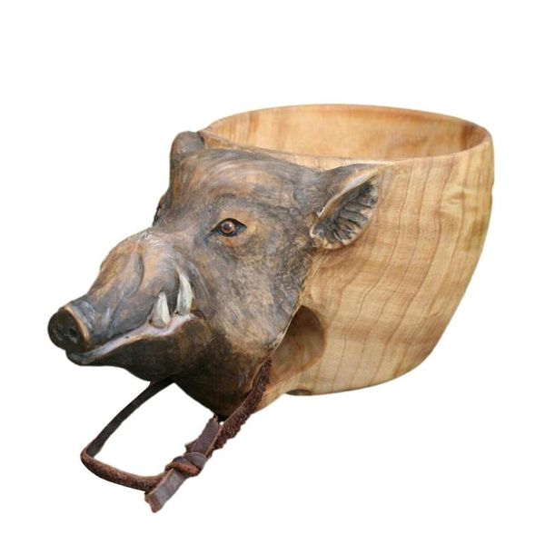

mugs nordic creative portable kuksa rubber wooden water cup hand carved animal head juice milk tea coffee drinking