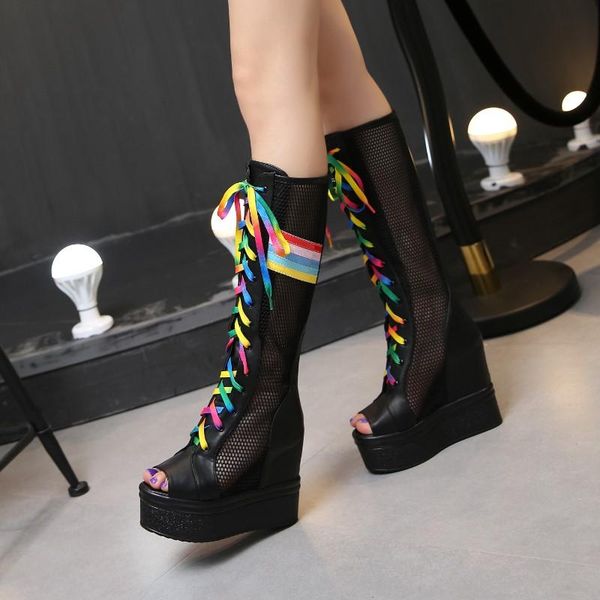 

sandals 2021 spring/summer fashion women's shoes korean version strap slope heel increased color mesh sandal boots, Black