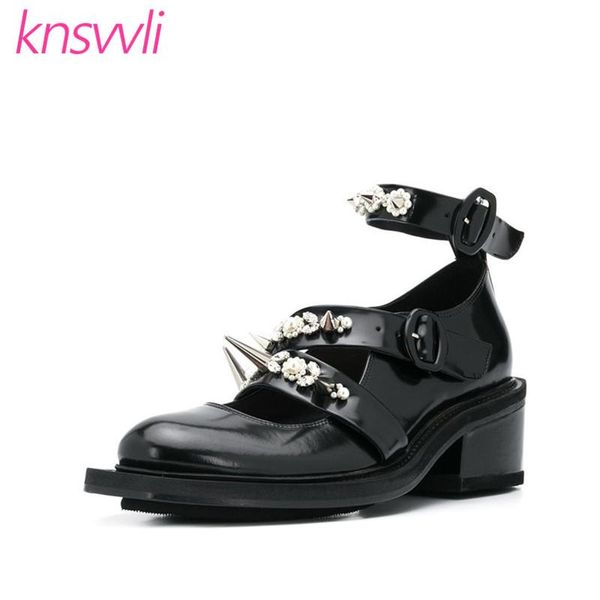

dress shoes rivets rhinestone mary jane woman retro round toe buckle strap rome ladies chunky heels string bead women pumps, Black