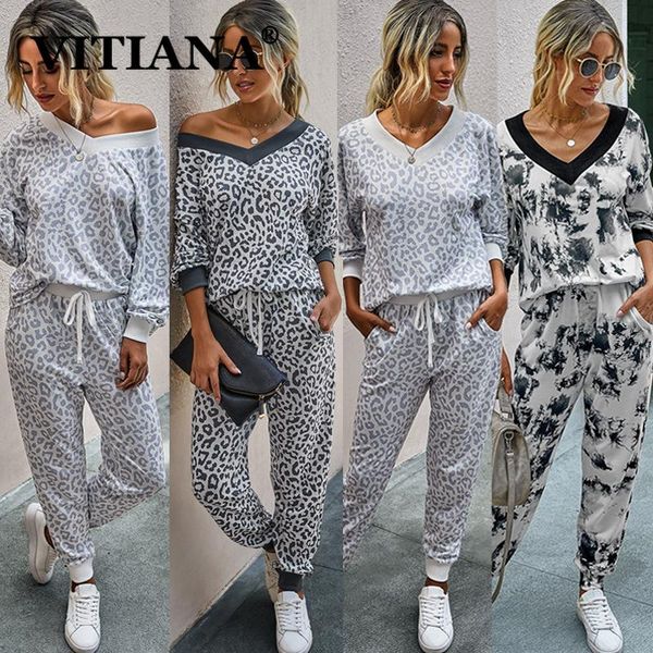

women's two piece pants vitiana women casual sets for womens autumn 2021 female long sleeve v-neck leopard pieces set woman streetwear, White