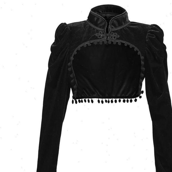 

black velvet short steampunk crop jacket stand long sleeve autumn women gothic bolero victorian coat vintage corset accessories, Black;brown