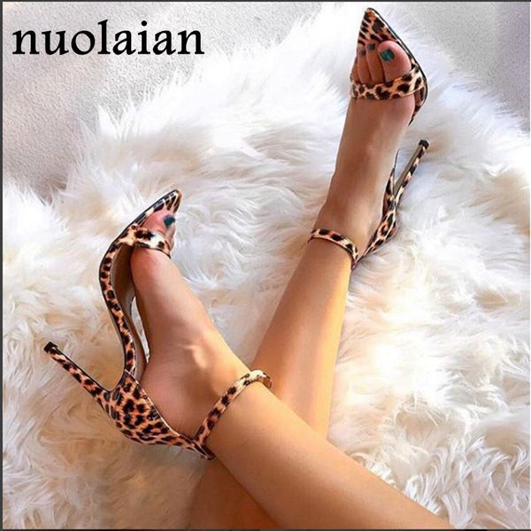 

leopard leather pump shoes for woman open toe high heel sandals womens buckle strap pumps ladies high heels summer sandal shoe, Black