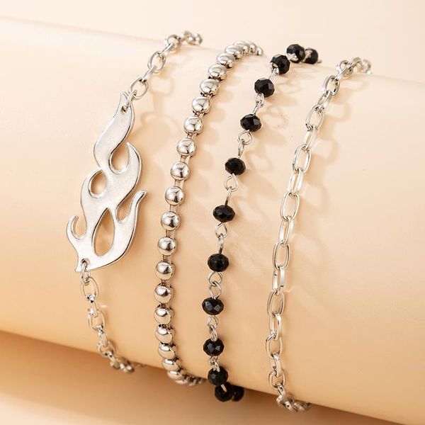 

charm bracelets 4pcs/set creativity sliver color flame for women trendy geometric black beads bracelet set female jewelry 16288, Golden;silver