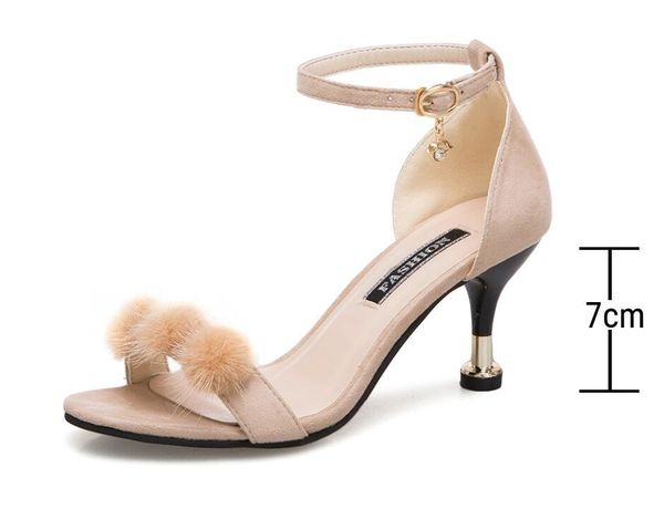 

dress shoes 2021 women summer fluffy peep toe stilettos high heels shoe woman fur feather lady wedding sandals pink nude 7cm sandal, Black