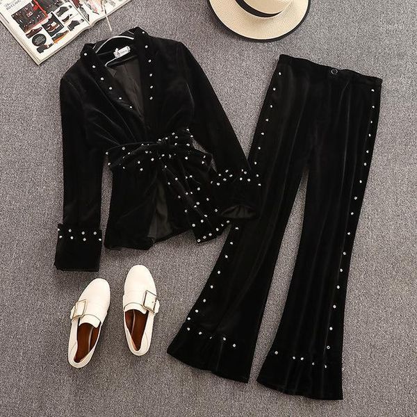 

two piece dress autumn suit female 2021 temperament pearl decorative jacket + bell bottom two-piece, White