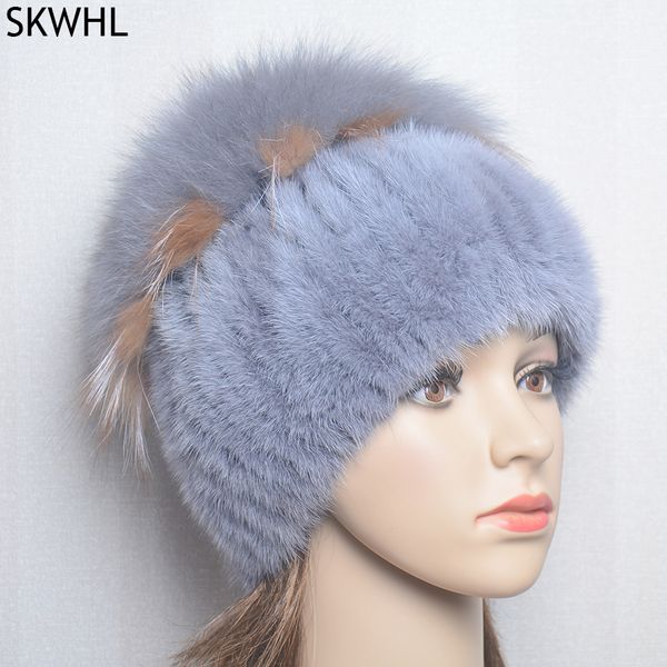

mink fur hat for women natural with big pompom fox ball beanies winter women's cap lady, Silver