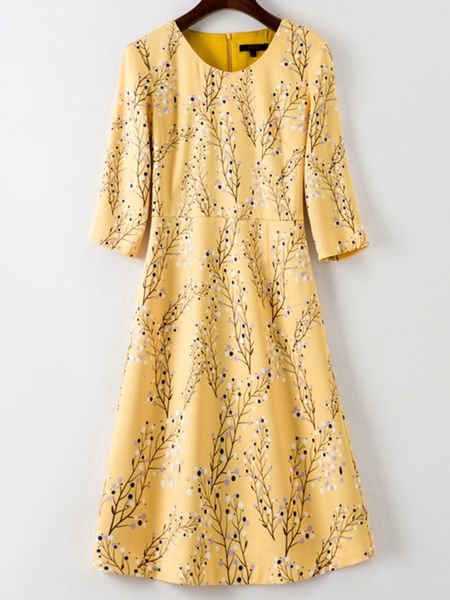 

flower print women a-line dress round neck 3/4 dresses, Black;gray