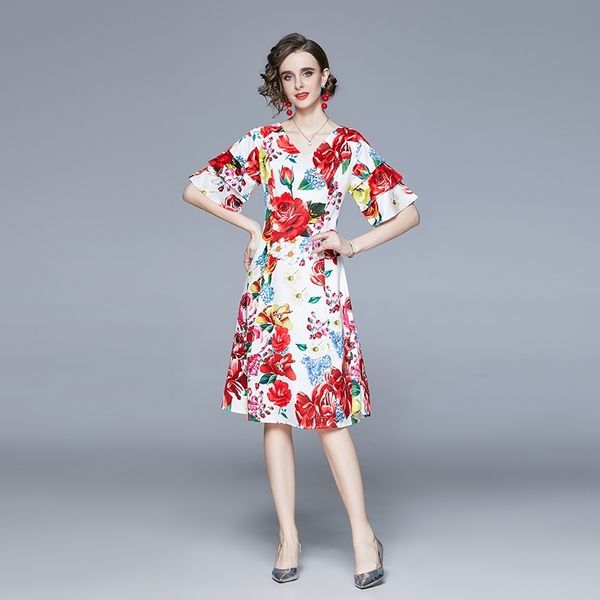 

banulin fashion runway summer custom floral dress women's v-neck ruffles short sleeve flower print ladies elegant midi 210603, Black;gray