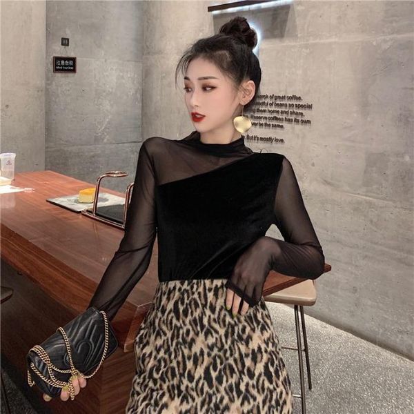 

women's t-shirt club mesh patchwork clothing korean fashion brand slim o-neck t-shirts female long sleeve ladies autumn, White
