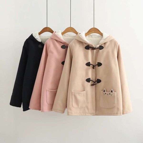 

designer horn 30009 hooded cute warm pocket cat button embroidery plush tweed coat female e, Black