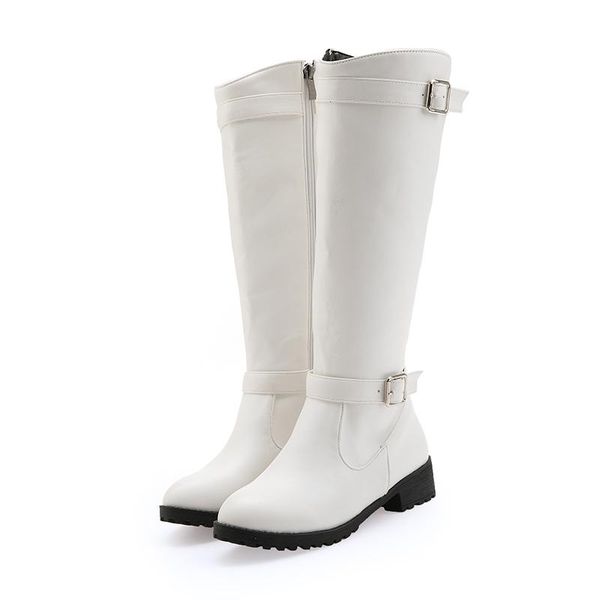 

boots black white ladies high knee comfortable low heel round toe female shoes fashion belt buckle zipper