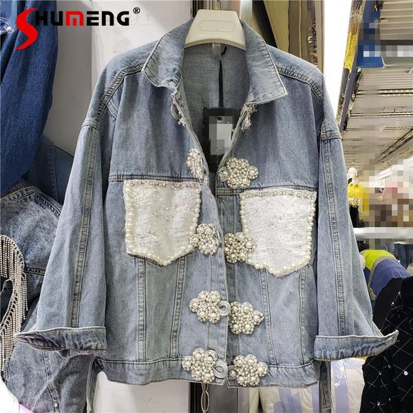 

women's jackets 2021 spring fall european exquisite rhinestone beaded buckle women jeans coat ladies fashion loose slimming denim jacke, Black;brown