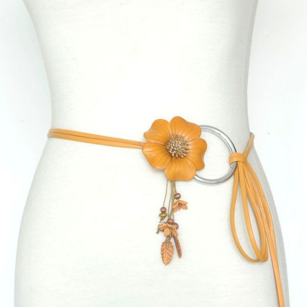 

korean new fashion real leather thin belt women's versatile flower head leather buckle waist chain, Black;brown
