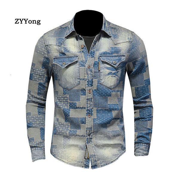 

men's polos zyyong lapel long sleeve patch retro men denim shirt literary personality lattice motorcycle style casual thin coat si56, White;black